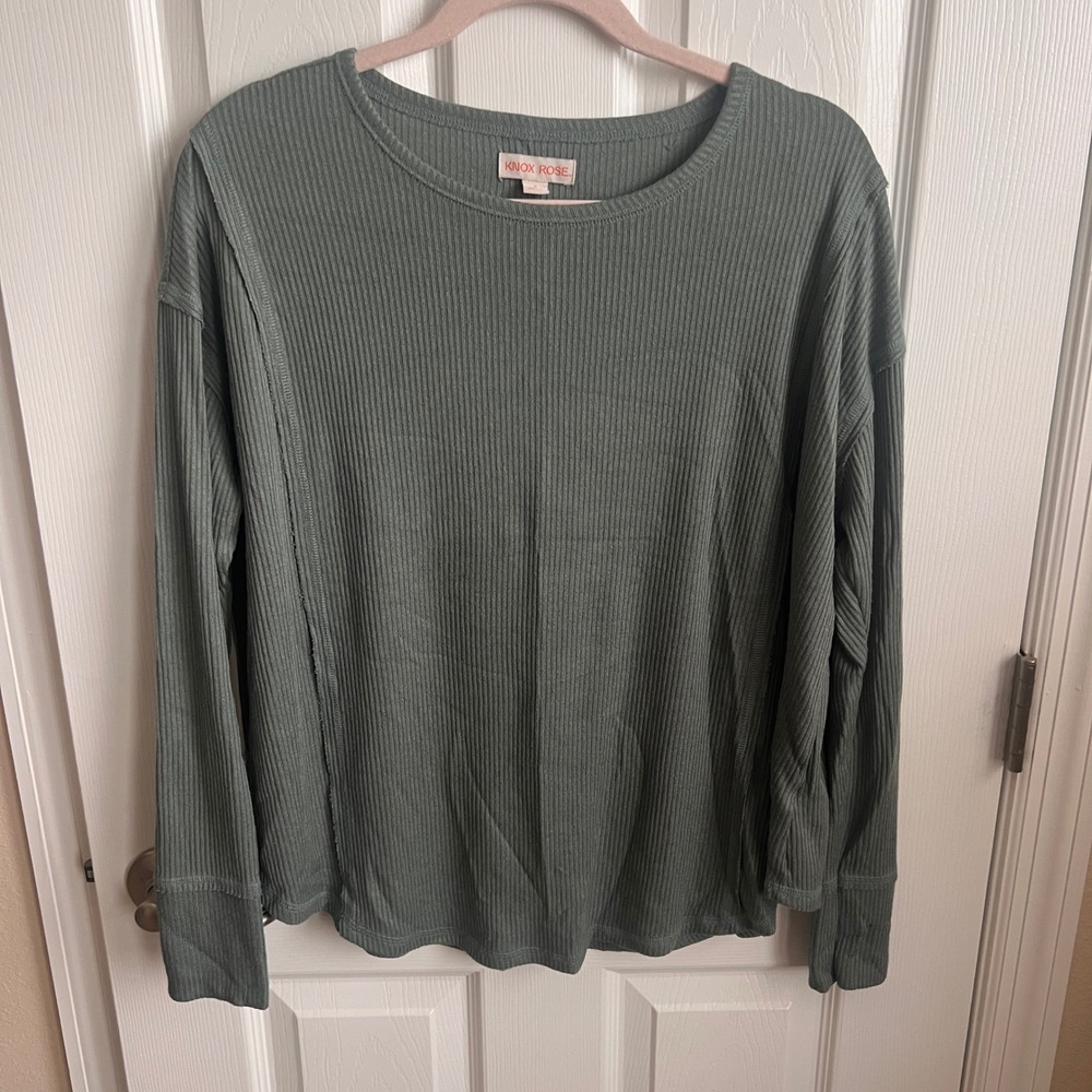 Knox Rose‎ Women's Long Sleeve Ribbed Knit Top Casual Everyday Green Size S Boxy